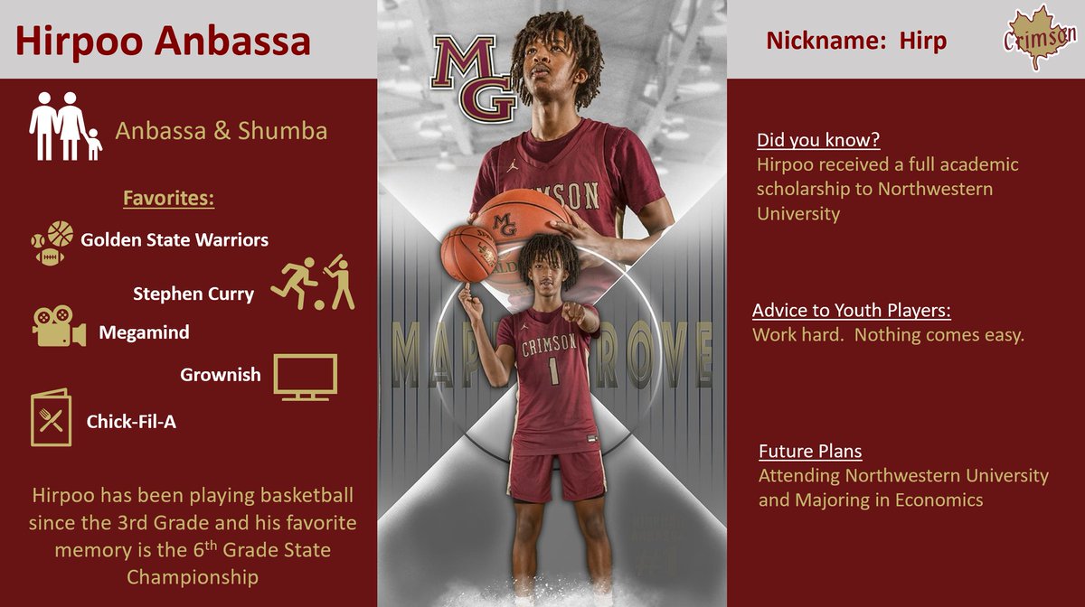 🍁👨‍🎓SENIOR SPOTLIGHT👨‍🎓🍁
<a href="/hirpooanbassa/">Hirpoo Anbassa</a> has been a key contributor all season long. When the team needs that basket, you nail a "3." Been great watching you improve each year and it will be awesome watching you excel at Northwestern and beyond!
#ftl #crimsonseniors #crimsonfamily