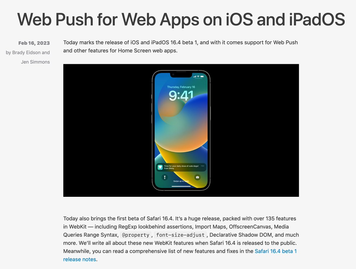 messutied's tweet photo. Finally, Safari will support push notifications on iOS! 🎉 I've been waiting years for this!

Having to build a whole native IOS app to support push notifications was such an overkill.

We'll now be able to support incident mobile push notifications at @statuspalio. https://t.co/nBhsmq02Go