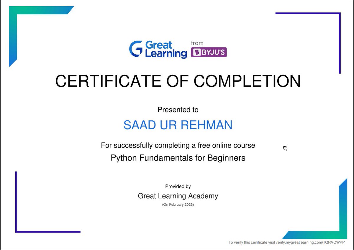 Hi all, I have successfully completed the 'Python Fundamentals for Beginners' course offered by Great Learning Academy. #GreatLearningAcademy #greatlearning #glacertificate #PythonFundamentals  #LearningForLife #Python #Bioinformatics 🐍🏫