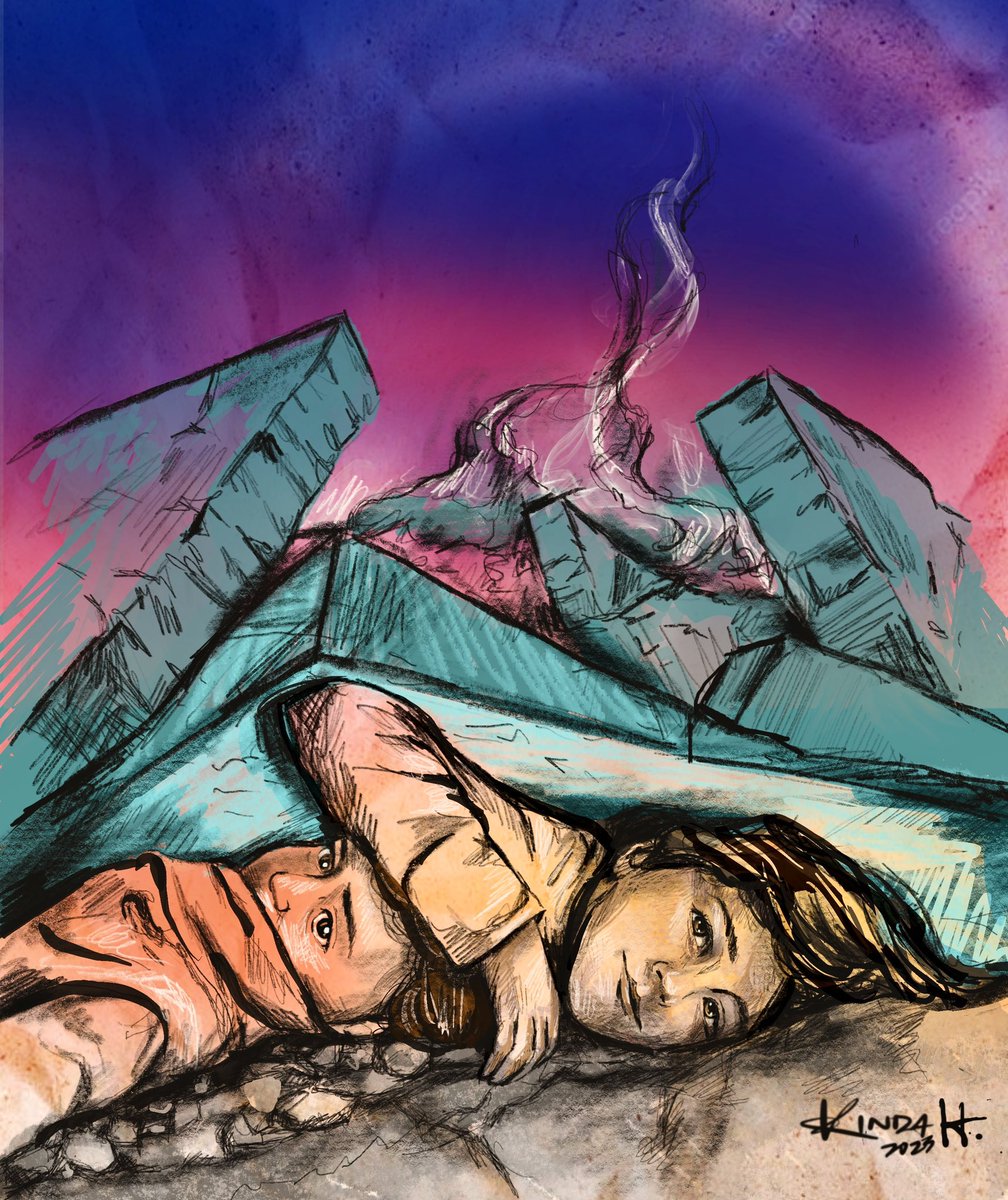 I'm donating my profits to <a href="/karamfoundation/">Karam Foundation</a> to help families impacted by the #TurkeySyriaEarthquake 'My Sister, My Hero' is inspired by the true story of a Syrian girl found under the rubble 36hrs later protecting her brother. Mint now #Artquake changedao.org/projects/EvYom…