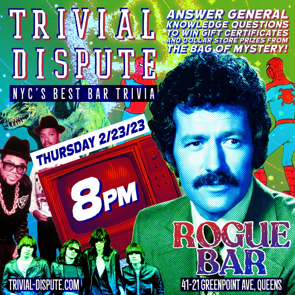 This week, Trivial Dispute returns to Rogue Bar in Queens!
THURSDAY, 2/23/23, join your host <a href="/KimBWhoIsShe/">Kimberly Brazier 🤓</a>  for a night of general knowledge trivia !
8pm, free to play! Win Gift Certificates and dollar store prizes from the Bag of Mystery!