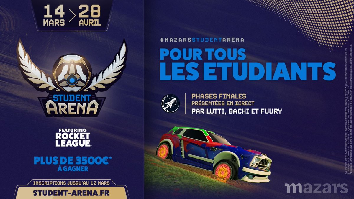LuttiLutti_'s tweet photo. 🚨Annonce je casterai avec @FuuRy_Off
  &amp; @BachiFM_ le #MazarsStudentArena tournoi étudiant sur Rocket League en 2v2

3500€ à gagner et cette fois TOUTES les teams du top 64 seront récompensées🏆 (ça fait plaisir)

📝Les infos et inscriptions c'est ici https://t.co/XlDu2H1d5c https://t.co/KeUFmv9xb5