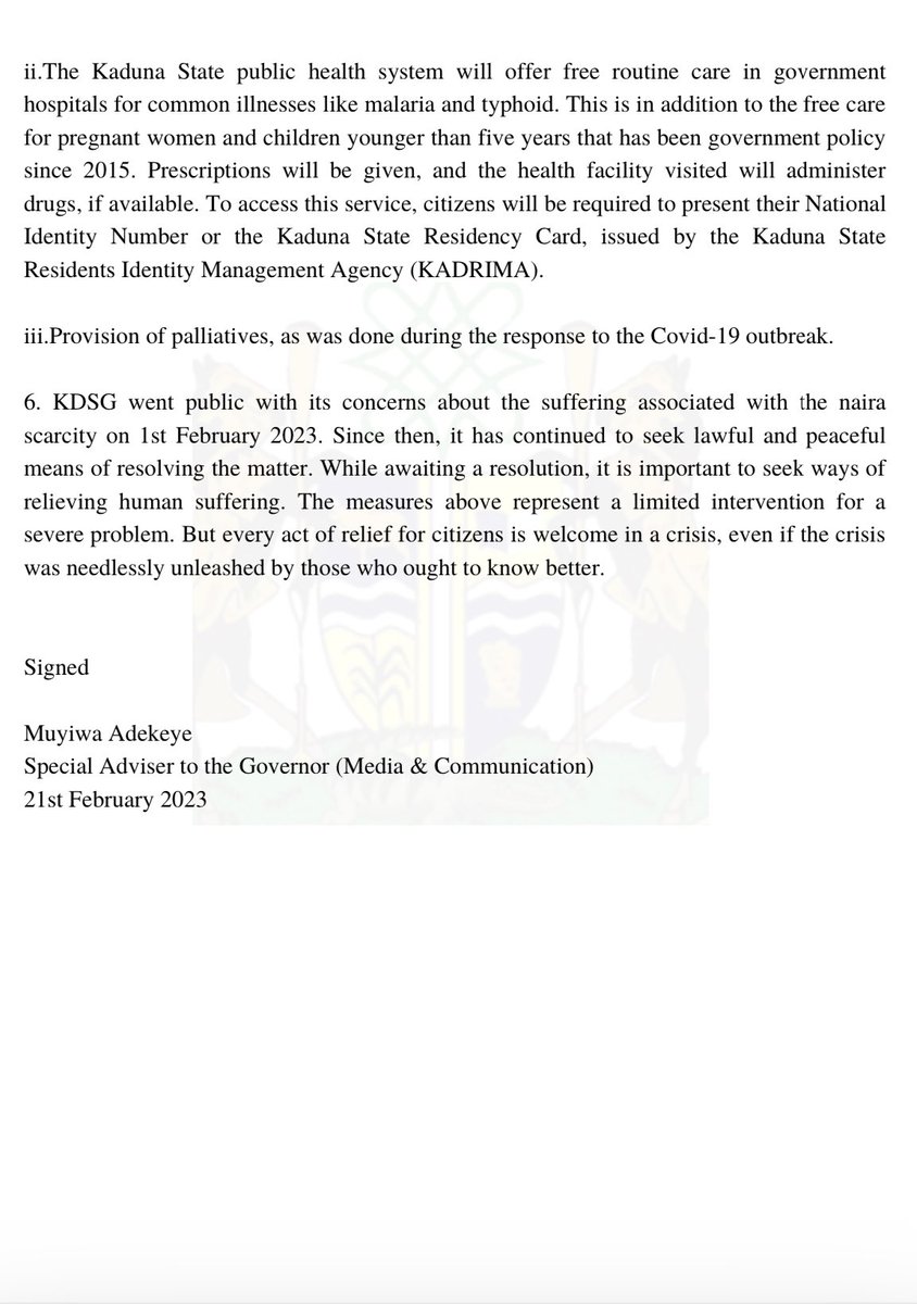 GovKaduna's tweet photo. The Kaduna State Security Council has approved some palliative measures to help mitigate the pains of the naira crunch: free transport services on designated routes and free healthcare in public hospitals. The interim measures will last for a week, from 22 February 2023. https://t.co/MIIw8wSQHw