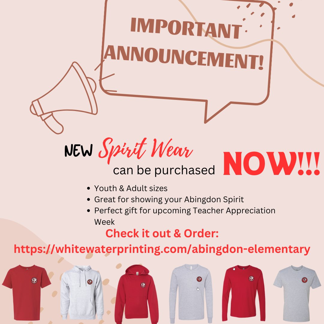 📢 New Spirit Wear can be purchased NOW!!!  Check it out &amp; Order whitewaterprinting.com/abingdon-eleme…
.          .          .
📢 ¡¡¡La nueva Spirit Wear se puede comprar AHORA!!!  Compruébalo y pide whitewaterprinting.com/abingdon-eleme…