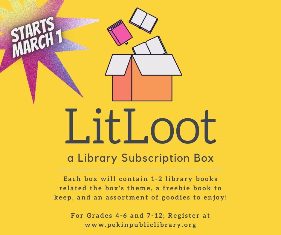 We still have several 'LitLoot' boxes for our 7th-12th graders!  This month's theme is 'When in Paris!'  Each box will contain 1 library book related to the box's theme, a freebie book to keep, and an assortment of goodies to enjoy!  Please register on our online event calendar!