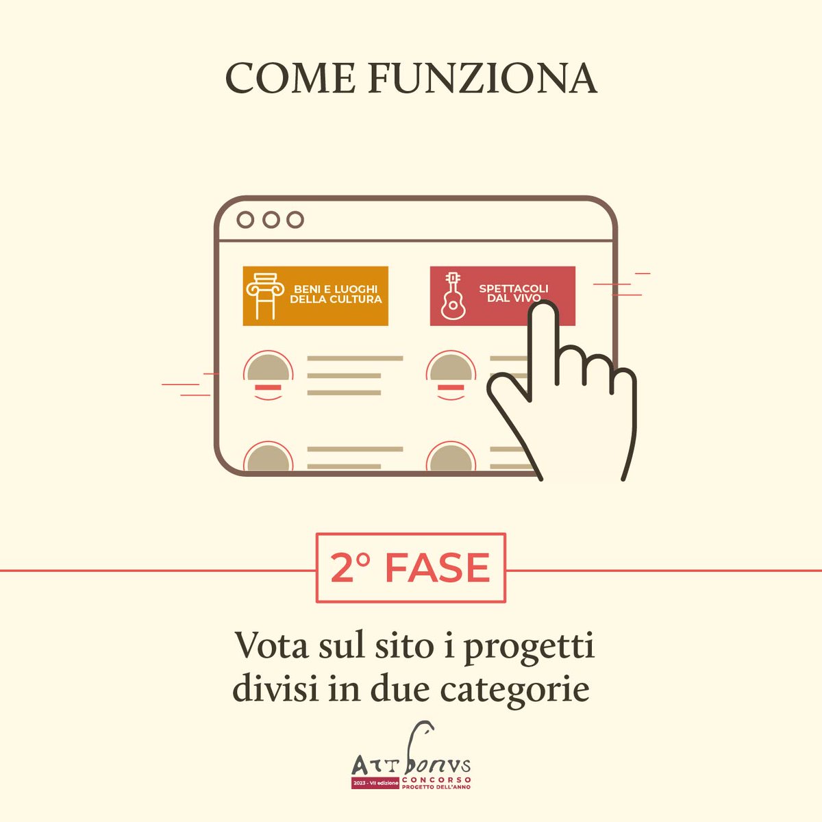 📣 Inizia la seconda fase del #ConcorsoArtBonus2023!
Fino al 14 marzo è possibile votare i progetti rimasti in gara nelle due categorie di "Beni e luoghi della cultura" e "Spettacolo". Vota qui! >bit.ly/CAB_2023

<a href="/MiC_Italia/">Ministero della Cultura</a> <a href="/ALES_SpA/">ALES-SpA</a> <a href="/Lubec4Cult/">LuBeC</a>