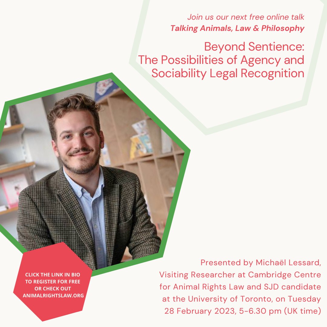 Next week, @milessard will help us look beyond sentience for the future of animal rights under the law. This event is open to all and a recording will be available on our website afterwards. We hope to see you there! #Sentience #AnimalSentience #AnimalRightsLaw #FreeEvent