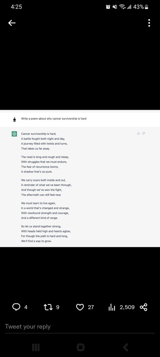 Fighting stomach cancer can sometimes make it hard to put emotions and thoughts into words.

AI and Machine Learning might be the bridge that fills that gap.

This poem via @hilmoss written by ChatGPT is a nice example.

Would you use AI to communicate your emotions?

#ChatGPT