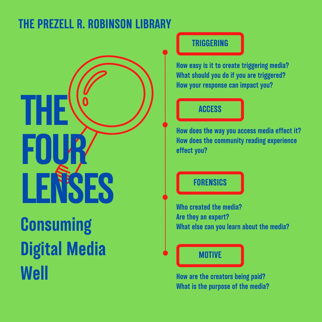 PrezRobLibrary's tweet image. The Fourth Lenses For Consuming Digital Content. 
linktr.ee/prezroblib
#triggeringcontent #fourlenses #digitalcontent #digitalliteracy #theprezellrrobinsonlibrary @sautwp @saufalcons