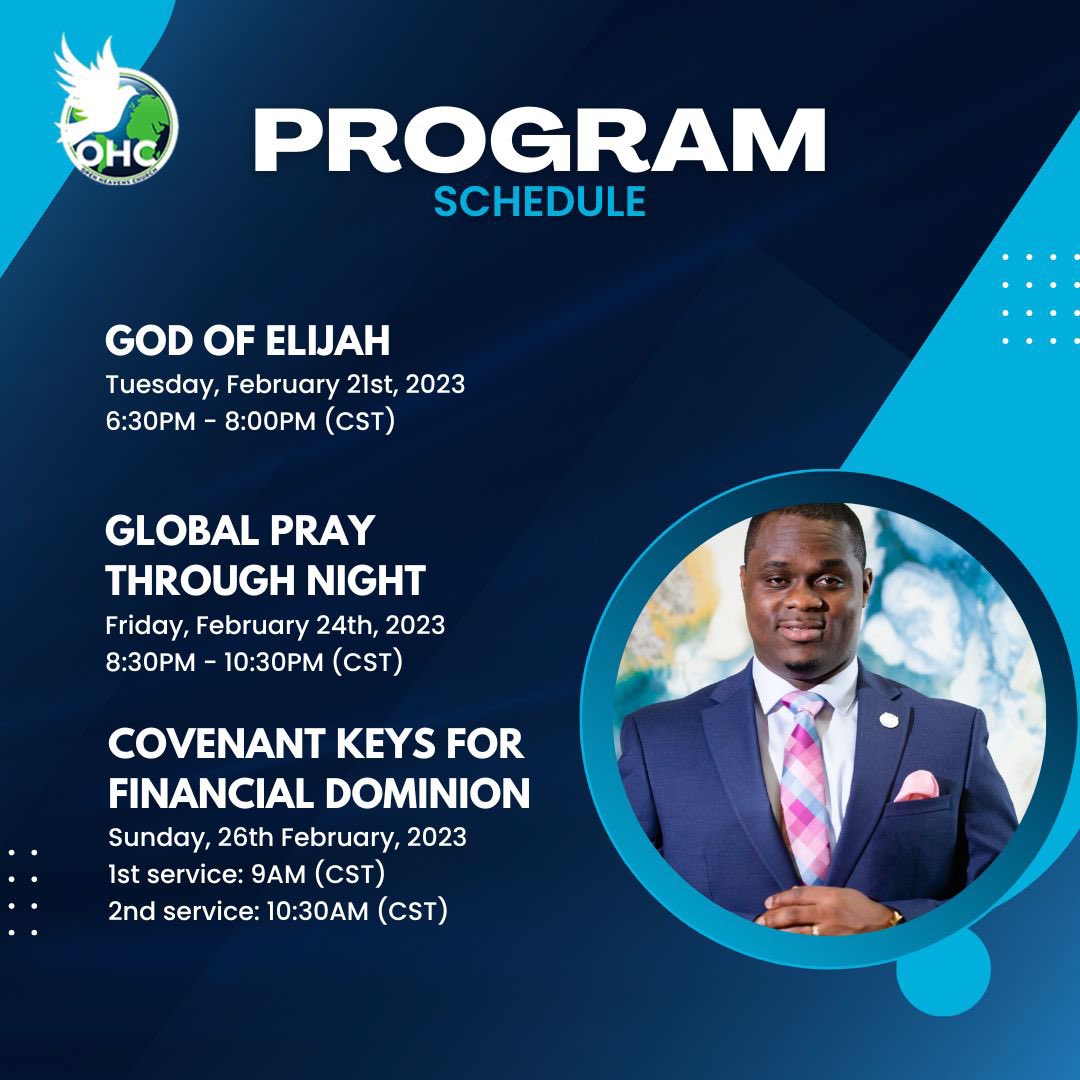 Olumayowa_Oke's tweet photo. Here are some of our upcoming programs at Open Heavens Church.
See you there and remember to invite someone.
#OpenHeavensChurch #Services #ProgramSchedule #Programs https://t.co/jDcsQ1yUSW