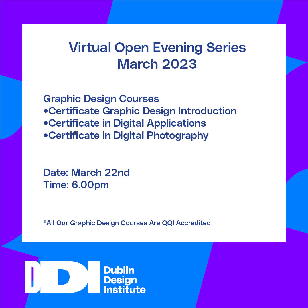 Re.ignite your creativity at DDI. As we continue to roll out our Virtual Open Evening series we are pleased to announce that we will be covering courses from the graphics department on the 22nd of March at 6pm. Register Via the link below. buff.ly/3Kw1HTJ