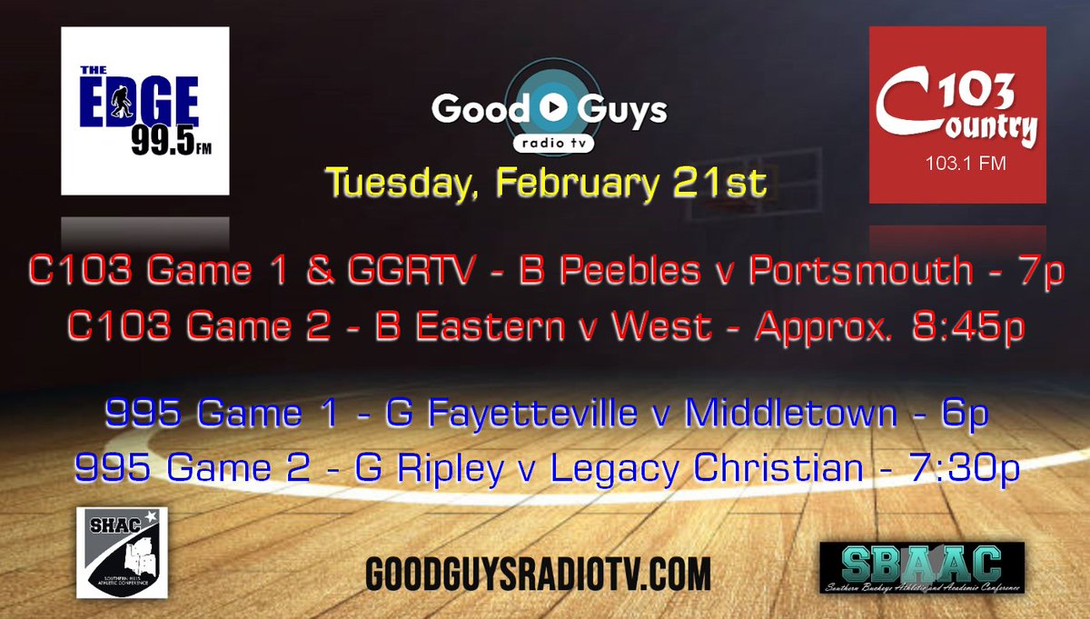 It's a big night of basketball coming up! Two games happening here on 995TheEdge.fm! Two games also on C103.fm; one with telecast coverage on GoodGuysRadioTV.com! Start times are listed below; tune in about 15 minutes ahead for our tip-off show!