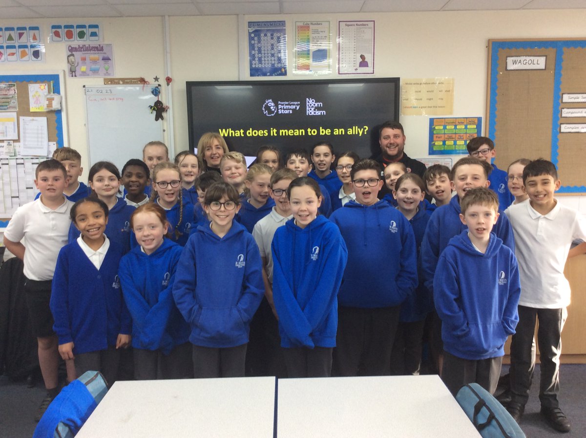 StMaryHighGreen's tweet photo. The children in Y6 had a visit from @CommunitySUFC for the No Room For Racism Workshop today.  The children focused on how they can be an ally by challenging racism and discrimination - both on the football pitch and in their daily lives. https://t.co/30NykLfnOi