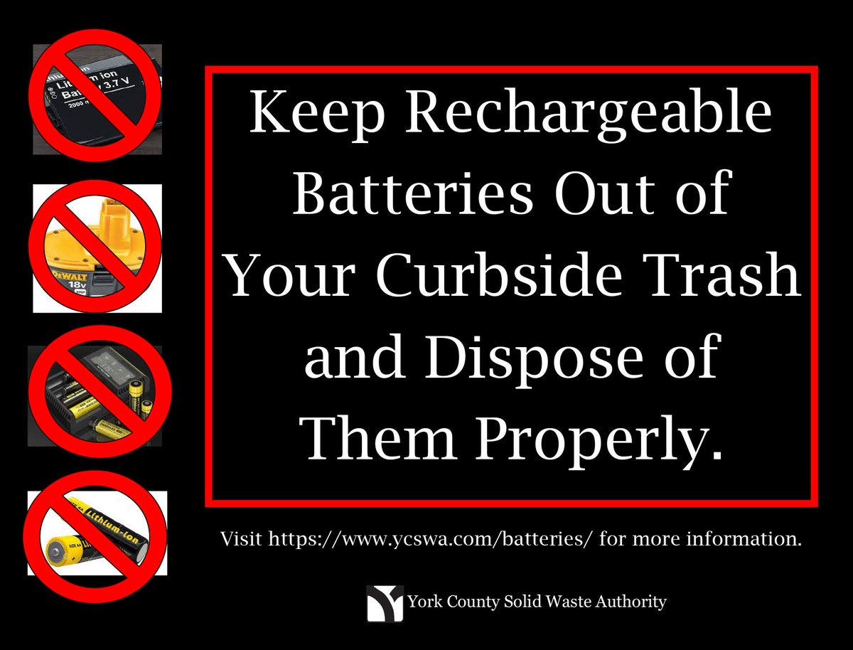 Rechargeable Batteries Don’t Belong in Your Curbside Trash or at Our Facility!

Visit ycswa.com/batteries/ for a listing of collection sites for these batteries. 

Alkaline batteries (AA, AAA, 9-volt, C, or D) can be put in your regular trash.

#keepyorkcountycleanandsafe