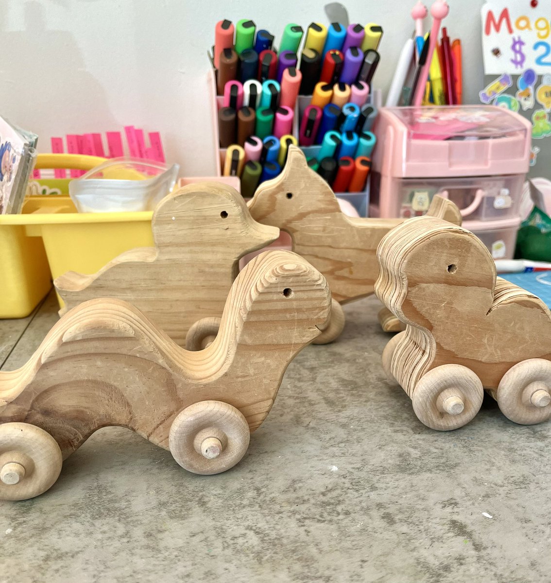 I found these really cute wooden toys at a thrift store and I'm gonna try to paint them and give them some fun colors 🥺🌈⭐️