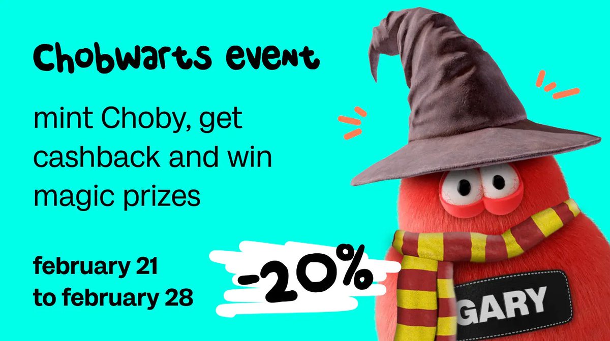 ChoiseAi's tweet photo. 🧙♂️ Mint Chobies from February 21st 16:00 GMT to February 28th 23:59 GMT, get cashback depending on the number of Chobies you mint, and win magic prizes.
Read full rules 👉🏻 https://t.co/PshJyrNTUr https://t.co/qnOAKh8JMc