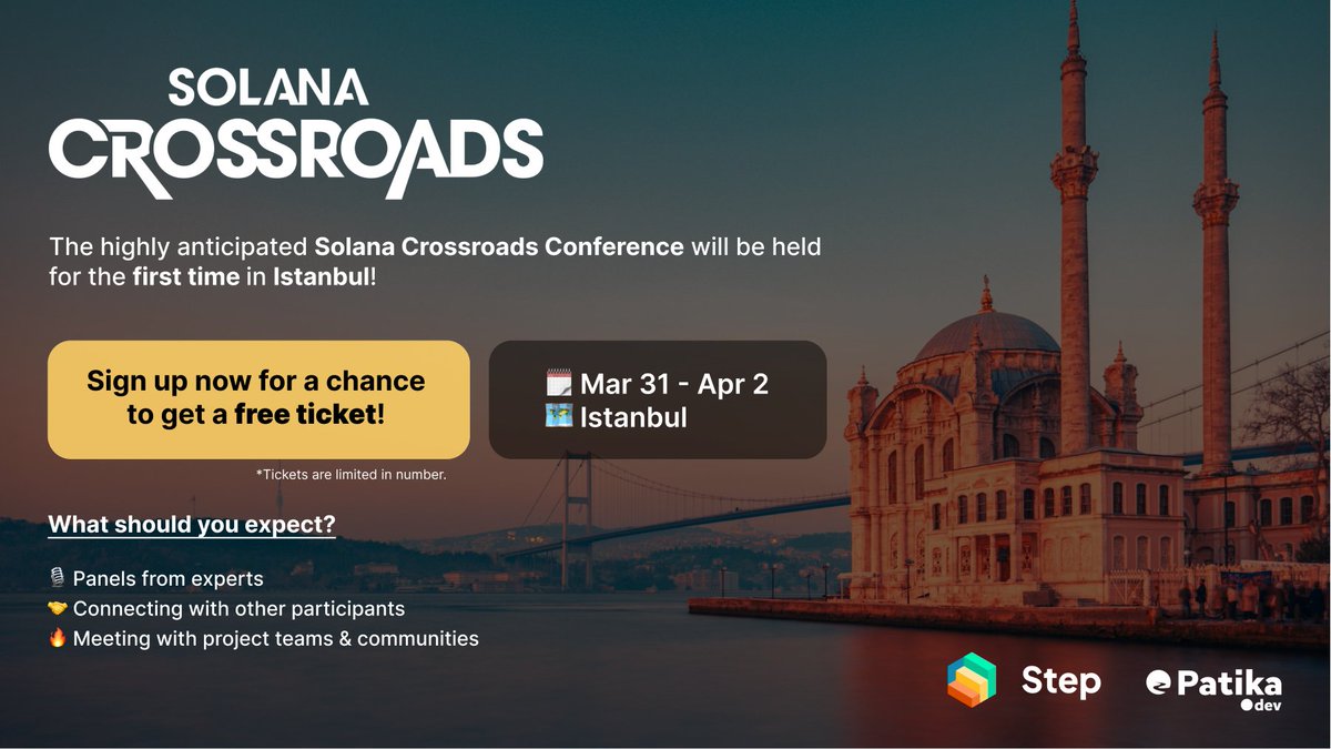 Solana Crossroads will bring professionals from different fields together in Istanbul for the first time!

💻 Developers
🎨 Designers
🎯 Marketers
📈 Product Managers
✍️ Writers
💸 Investors

Register for a chance to get a limited amount of FREE tickets!👇
bit.ly/SolanaCrossroa…