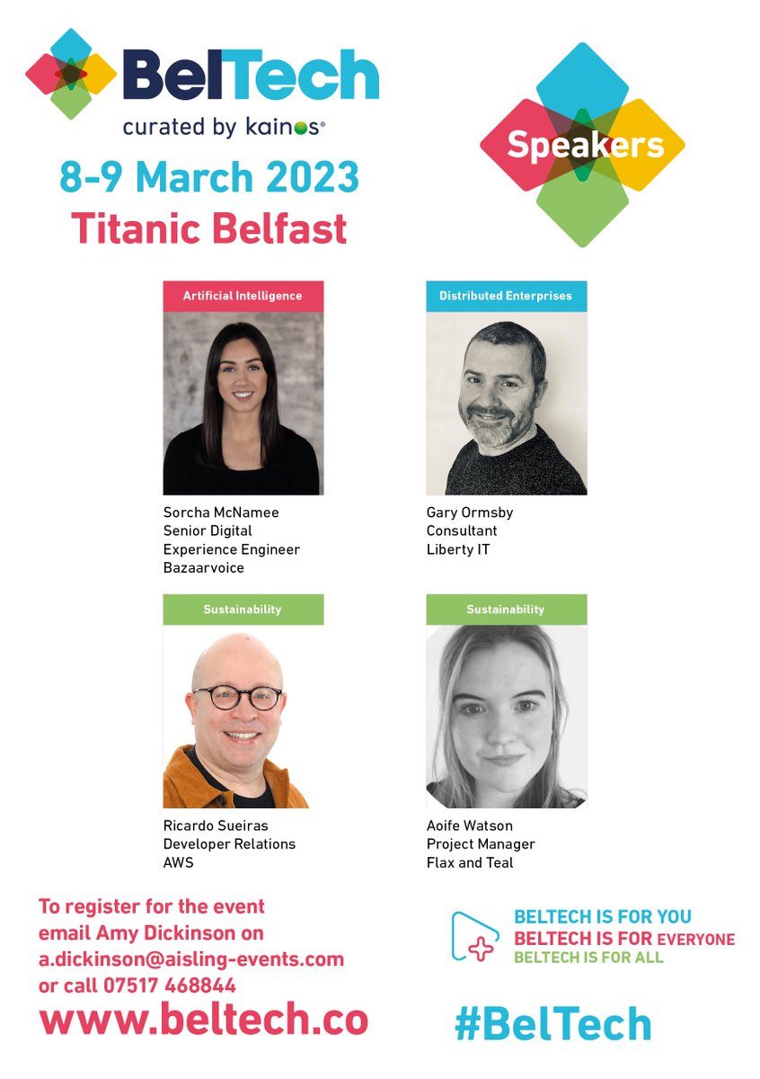beltech2025's tweet photo. 📢Delighted to be joined by @Sorcha_McNamee @bazaarvoice_bfs, @GaryOrmsby @Liberty_IT, @ricardo_sueiras @awscloud & Aoife Watson @flaxandteal at this years #BelTech conference❗️
Taking place Wednesday 8th March📅
#DistributedEnterprises #ArtificiaIIntelligence
#Sustainability https://t.co/GZH1kelhlS