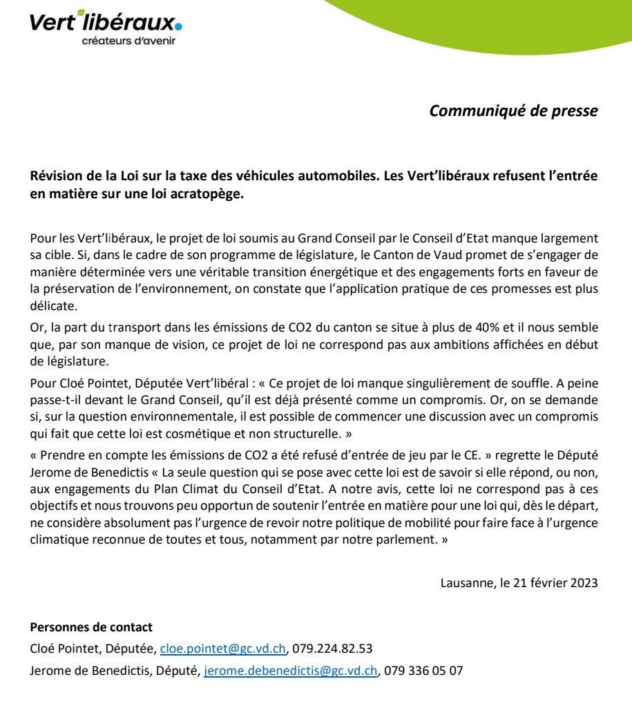 Les Vert'libéraux n'entreront pas en matière sur un projet qui ne respecte pas l'#AccorddeParis, ni le #PlanClimatVD décidé par le canton de #Vaud lui-même.