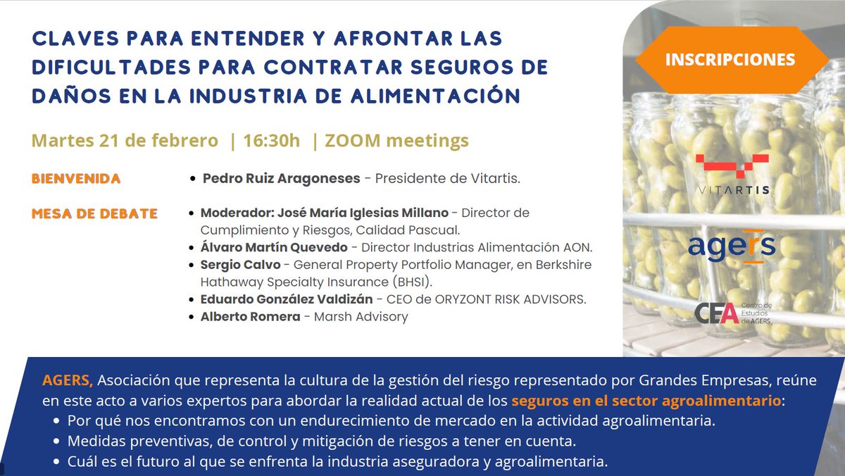 Vitartis's tweet photo. 🔴Hoy abordamos junto a @AGERS_ las claves para afrontar las dificultades en la contratación de seguros en la #IndustriaAlimentaria
🗣️ Alvaro Martín @Aon_Espana
🗣️ Sergio Calvo #BHSI
🗣️ Eduardo González @oryzont
🗣️ Alberto Romera @MarshGlobal
Modera: José María Iglesias @Pascual https://t.co/kH9CehUp04