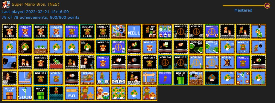 milles_x's tweet photo. Finally mastered the game that started it all! World 8-2 was hell for completing "Master Treasure Hunter VIII". The achievement set was a very fun one overall.

#mario #supermario #nintendo #nes #achievements #retroachievements https://t.co/sAwaY9u7TW