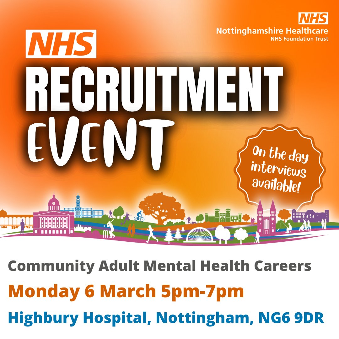 NottsHealthcare's tweet photo. Due to circumstances outside of our control, we have changed the date of our Community Adult Mental Health recruitment event. 

The event will now take place on Monday 6 March, 5pm – 7pm at Highbury Hospital in Bulwell, Nottingham. https://t.co/DQIMdY0JC1