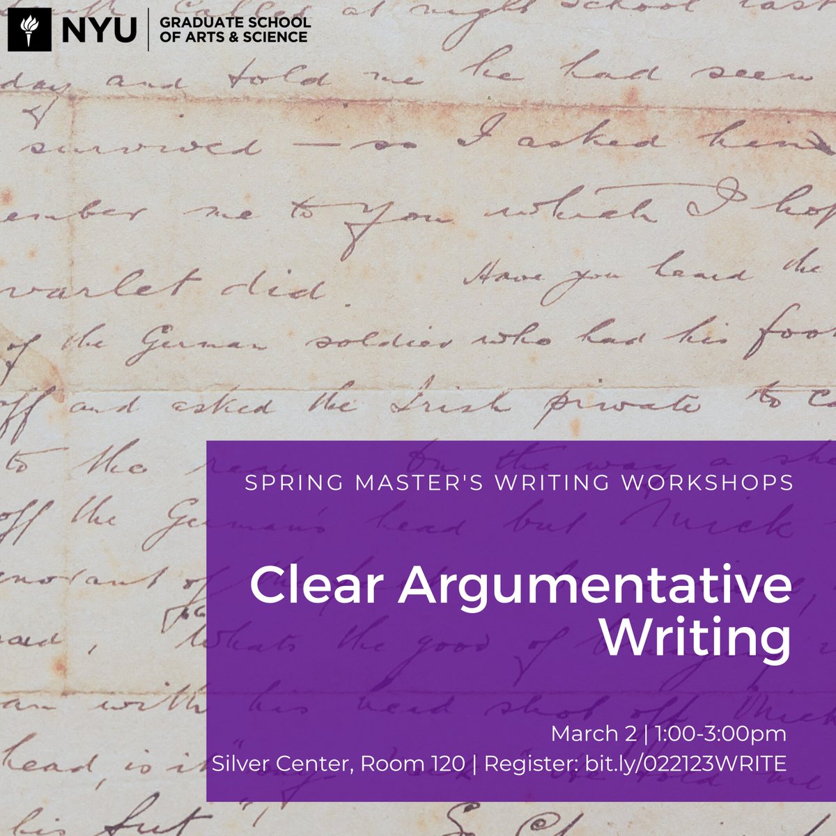 NYU_GSAS_MA's tweet photo. How does the structure of your writing impact your argument? 

Learn about argumentation, thesis statements, and sentence types at the third Writing Workshop of the semester, "Clear Argumentative Writing," on Mar. 2 from 1-3pm. 

RSVP: https://t.co/6QqEBMlBQL https://t.co/nwj6VvAqc7