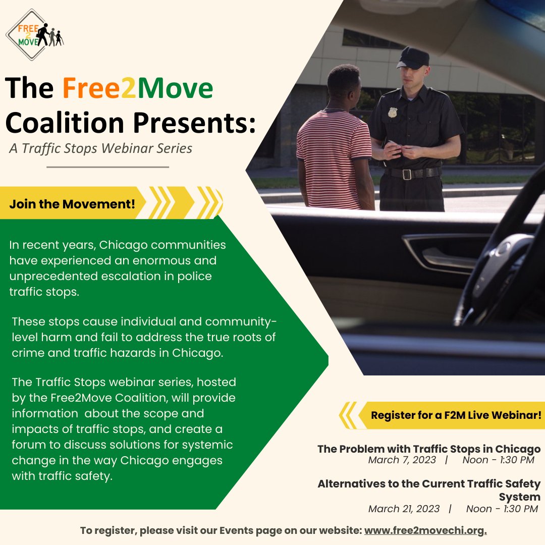 Free2movechi's tweet image. The Free2Move Coalition and @BPIChicago  are hosting a two-part webinar series to raise awareness about the use of traffic stops in Chicago and the ways in which communities around the country are working to address the problems with traffic stops.
eventbrite.com/e/traffic-stop…