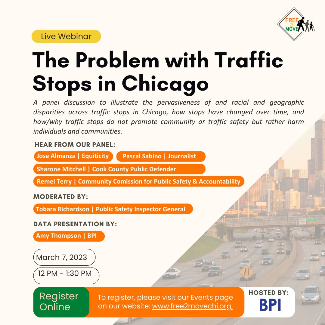 Free2movechi's tweet image. The Free2Move Coalition and @BPIChicago  are hosting a two-part webinar series to raise awareness about the use of traffic stops in Chicago and the ways in which communities around the country are working to address the problems with traffic stops.
eventbrite.com/e/traffic-stop…