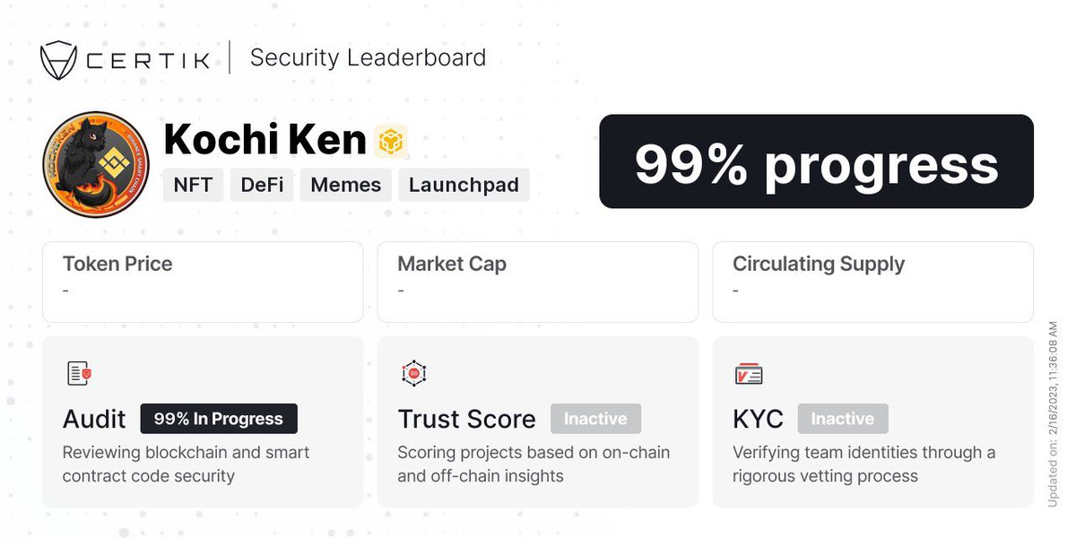 We are close..🧾🤏

Thank you <a href="/CertiK/">CertiK</a> for taking the time to audit 5 of our utilities, yes you read that right..FIVE working utilities for us to have them up &amp; SECURE for the safety net of our investors aka Kochi Pack BEFORE LAUNCH.🤝🔥

#CertikAudit #KochiKen #Secured