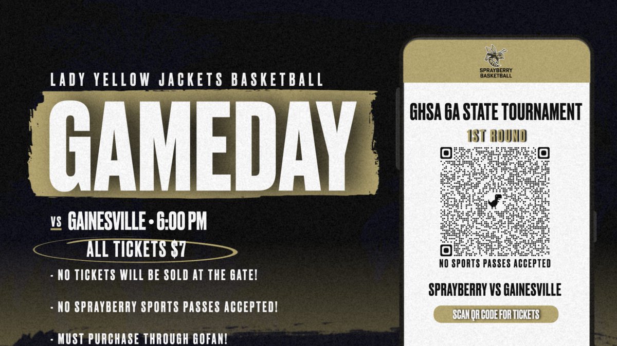 SprayberryATH's tweet photo. IMPORTANT ANNOUNCEMENT!  Tonight's playoff basketball game is DIGITAL TICKET ONLY!  You must purchase through GoFan!  Use the QR code or link below! 
https://t.co/wSw1qCQb5Y
@gainesvilleath 
#shspositiveposting #wearesprayberry https://t.co/UM4PbrEJXa