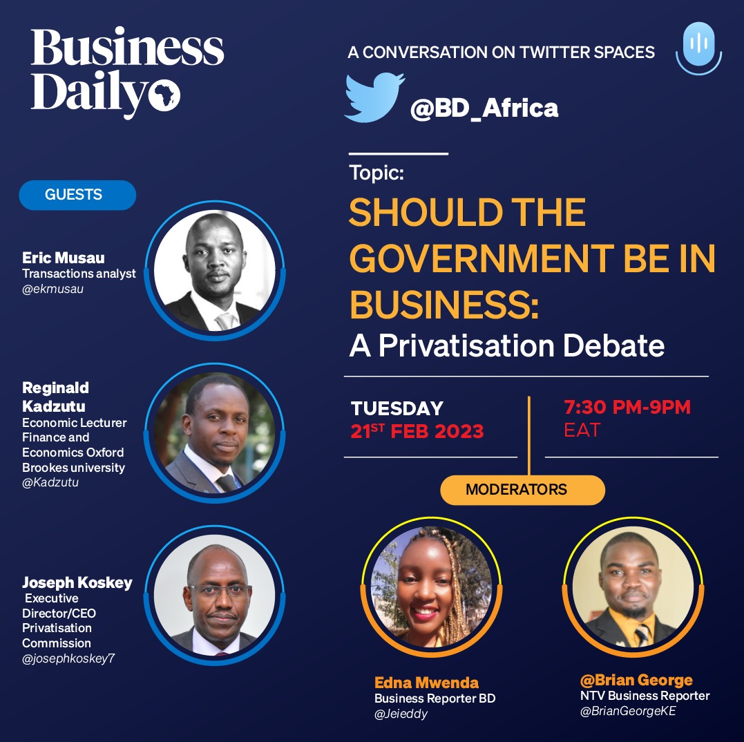 vieve360's tweet photo. Happening now...@BD_Africa SHOULD THE GOVERNMENT BE IN BUSINESS? A PRIVATISATION DEBATE with @Jeieddy &amp; @BrianGeorgeKE https://t.co/TsYf96iNGa