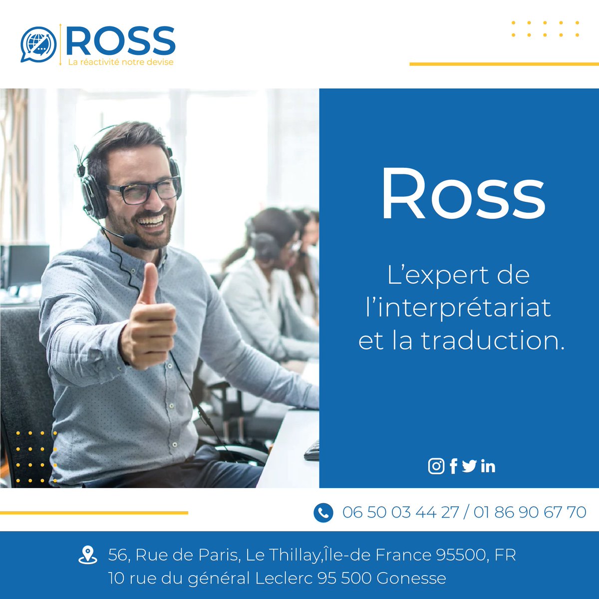 RossTranslation's tweet photo. Nous vous accompagnons dans tous vos projets d’𝐢𝐧𝐭𝐞𝐫𝐩𝐫𝐞́𝐭𝐚𝐫𝐢𝐚𝐭 et de 𝐭𝐫𝐚𝐝𝐮𝐜𝐭𝐢𝐨𝐧 𝟕𝐣/𝟕 et 𝟐𝟒𝐡/𝟐𝟒.

#RossTranslation #traduction #langue #interpretariat #interprete #Celebration #france #fr https://t.co/8NvBJfLcQS