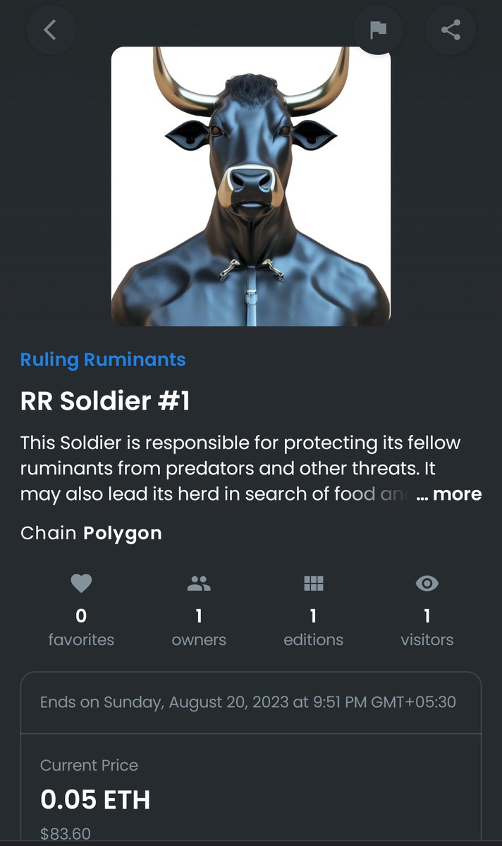 RulingRuminants's tweet photo. RR Soldier now listed on @opensea
Please Like, Follow and Retweet.
Link ⬇️
https://t.co/JhxW0Vpb0g 

#NFT #nftart #NFTCommunity #NFTGiveaway #NFTshill #midjourneyart #stablediffusionart #opensea #NFTcollections #rarible #Ethereum #Polygon #midjourney #midjourneyartwork https://t.co/zzsCBQ87pf