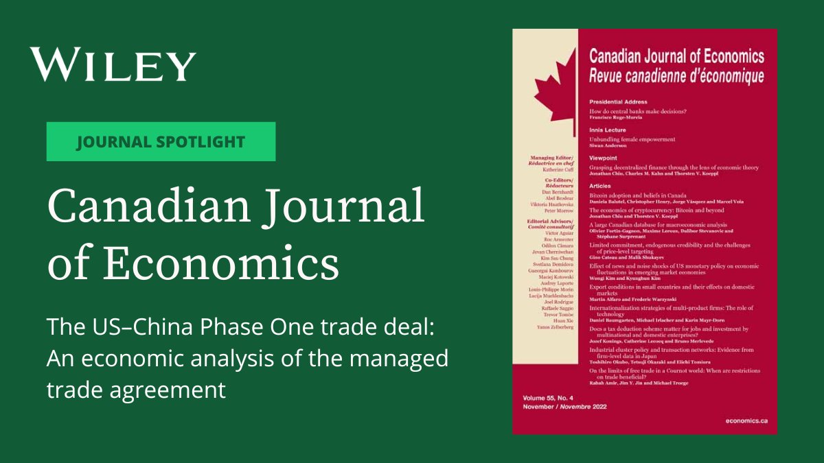 Interest in quantifying the effects of the Phase One agreement  between China and the US has risen.

This #EarlyView @CanJEcon article focuses on the direct implications for China and the US and analyzes potential trade diversion effects.

Read more: ow.ly/Hxv950MYgVu