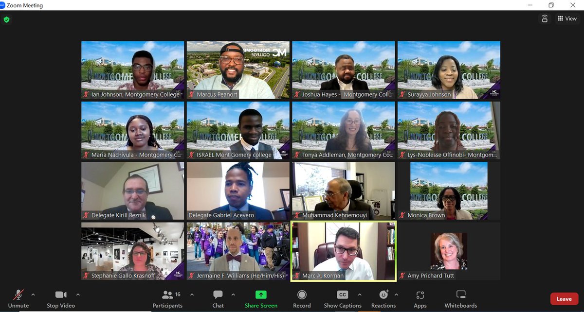 Our wonderful @montgomerycoll Raptors sharing time & virtual space with @GabrielAcevero (an alum💜🖤), @mkorman, and Del. Kirill Reznik during Advocacy Day!  Your support helps our students fly high!  THANK YOU!  @MD_CommColleges @DrWilliams_MC @drmonicarmbrown #keepitreal