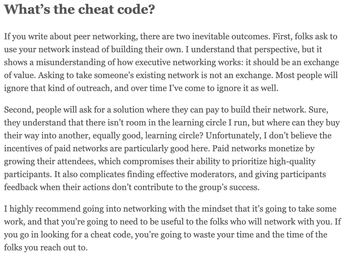 Lethain's tweet photo. When I see people skip growing their own network, trying to immediately triangulate approach with strangers. Sometimes it works, but it usually leads to mediocre advice. Good advice depends on context, and context (like relationships) is built over time. https://t.co/dGagLaD74q