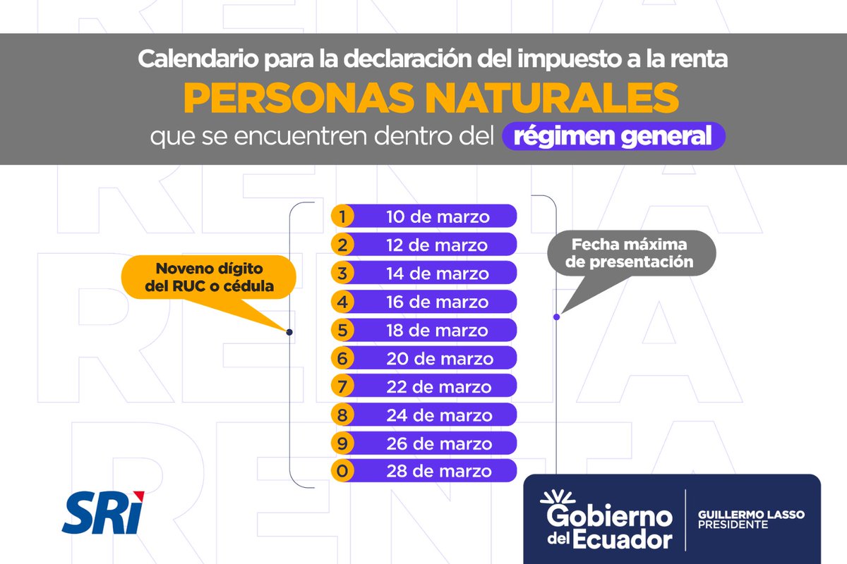 SRIoficialEc's tweet photo. ¡RECUERDA!

Las personas naturales dentro del régimen general y #RIMPE deben presentar hasta marzo la declaración de #ImpuestoALaRenta, según el noveno dígito de RUC, cédula o pasaporte

El proceso es en línea a través del nuevo formulario disponible en https://t.co/V13I8UYtRD
⬇️ https://t.co/kYSBN1NrtN