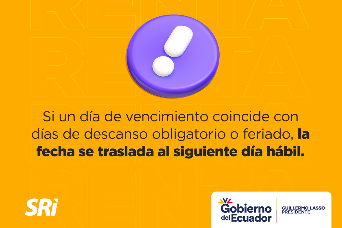 SRIoficialEc's tweet photo. ¡RECUERDA!

Las personas naturales dentro del régimen general y #RIMPE deben presentar hasta marzo la declaración de #ImpuestoALaRenta, según el noveno dígito de RUC, cédula o pasaporte

El proceso es en línea a través del nuevo formulario disponible en https://t.co/V13I8UYtRD
⬇️ https://t.co/kYSBN1NrtN