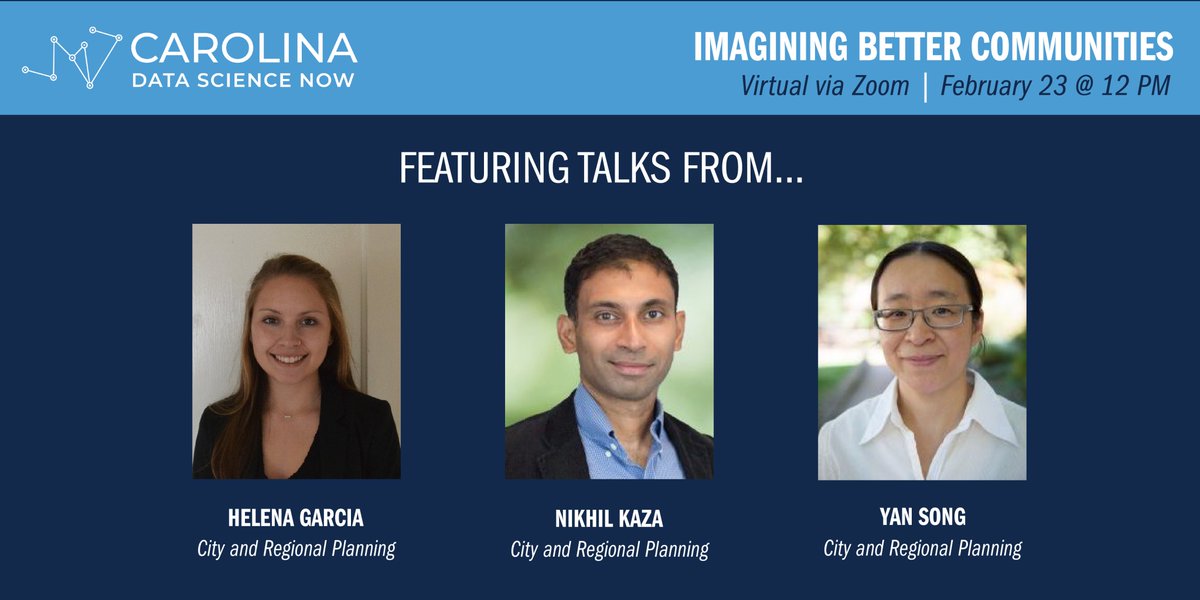 The next #CarolinaDataScienceNow seminar on February 23, “Imagining Better Communities," will feature talks on how #datascience is used to conserve #naturalsystems &amp; ensure #sustainable #urbandevelopment. All <a href="/UNC/">UNC-Chapel Hill</a> community members are welcome to register.
datasciencenow.unc.edu/event/february…