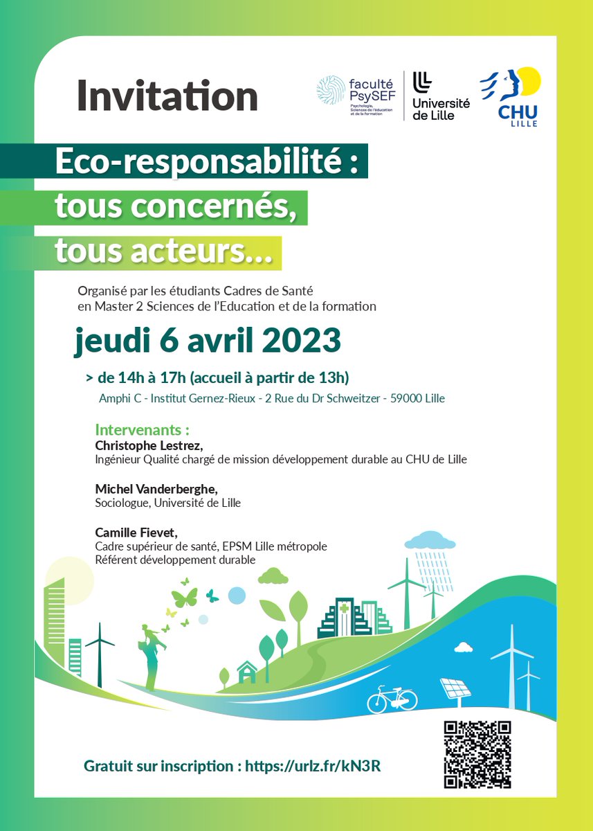 🌱 Éco-responsabilité : tous concernés, tous acteurs...
📆 Jeudi 6 avril, les étudiants cadre de santé vous proposent une après-midi sur le thème du #développementdurable et des différences de comportements dans la vie privée et la vie professionnelle.
👉 urlz.fr/kN3R