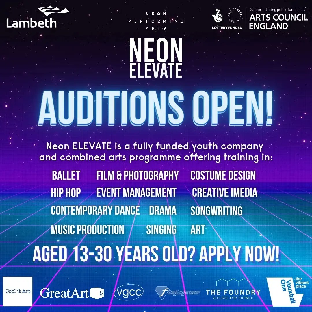 ElevateNeon's tweet photo. Neon ELEVATE is a fully funded youth company and combined arts programme offering multidisciplinary training. We are opening auditions for our 2023-24 youth company for artists aged 13-30 based in #southlondon!

DEADLINE - MIDNIGHT, 23/2/2023

 #auditions #creatives #ovconnect https://t.co/ZM1aBnw8rm