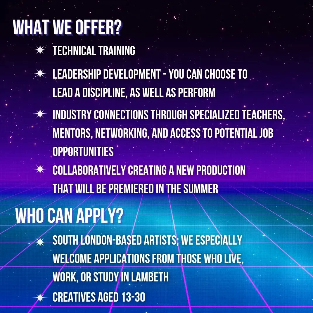 ElevateNeon's tweet photo. Neon ELEVATE is a fully funded youth company and combined arts programme offering multidisciplinary training. We are opening auditions for our 2023-24 youth company for artists aged 13-30 based in #southlondon!

DEADLINE - MIDNIGHT, 23/2/2023

 #auditions #creatives #ovconnect https://t.co/ZM1aBnw8rm
