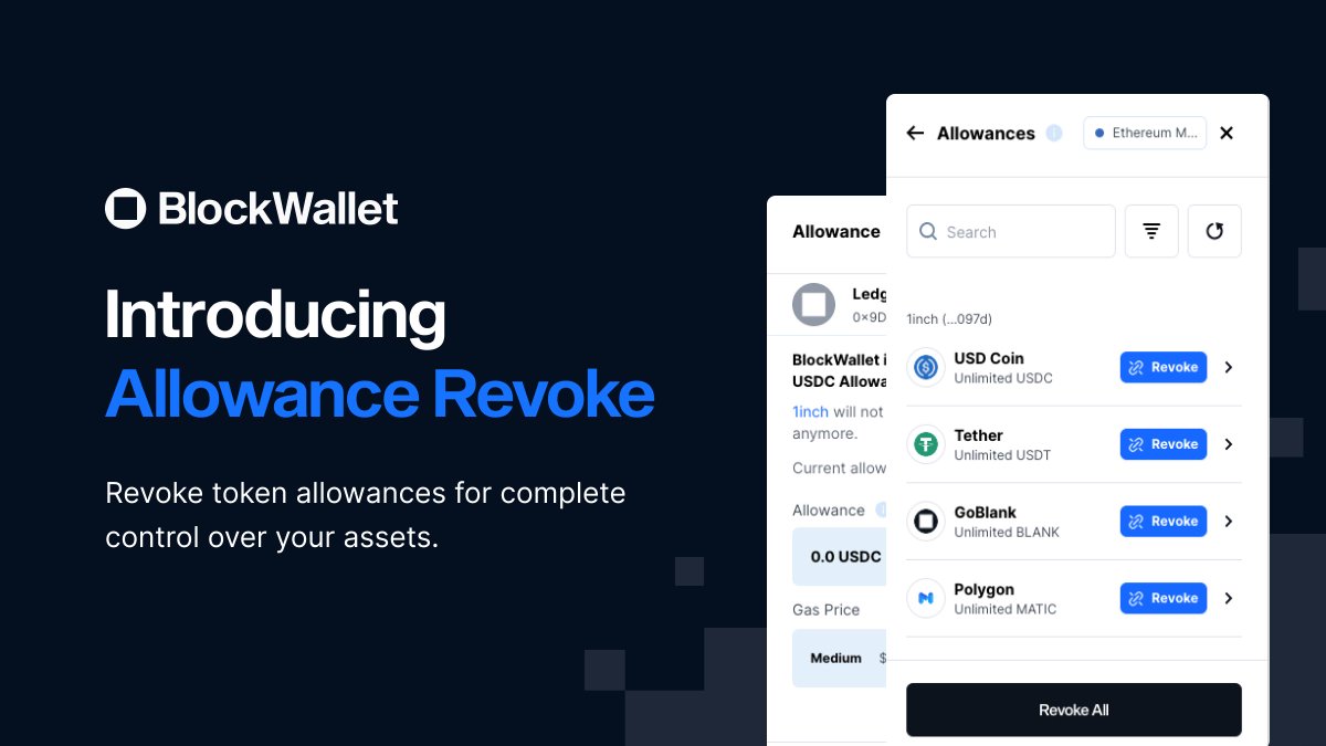 GetBlockWallet's tweet photo. Introducing Allowance Revoke 🚀

Your crypto is valuable, and you deserve to have complete control over who can access it.

So we've made it easy for you to manage your token allowances and choose which DApps can interact with your funds.

Learn more 👇

https://t.co/DgAGpDG9qa https://t.co/rcTUieFS7A
