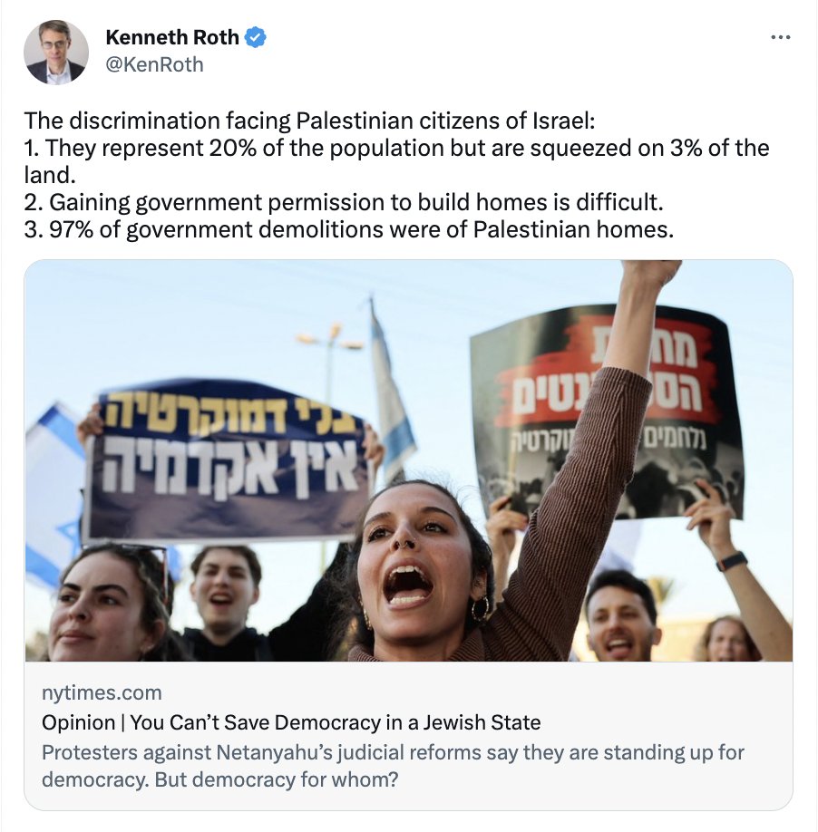 HonestReporting's tweet photo. Sorry @KenRoth, but you are wrong 👇

1. The 20% Arab minority are equal citizens of #Israel and live in major cities like Haifa and Nazareth.
2. It's difficult for everyone, Jewish or Arab.
3. Both Jewish and Palestinian structures were demolished when they were built illegally. https://t.co/YDciXThjEQ