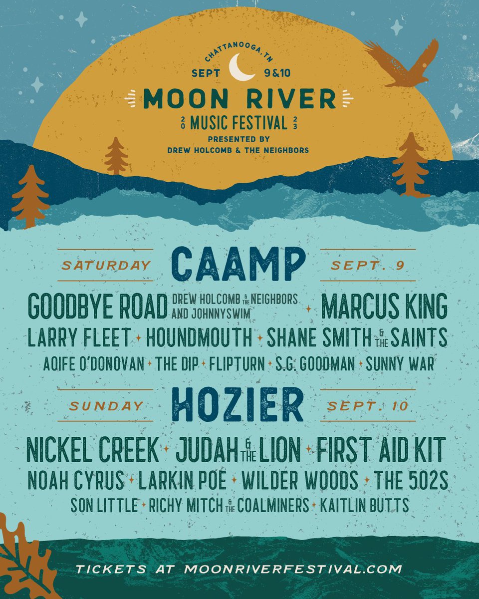 MoonRiverFest's tweet photo. Your 2023 #MoonRiverFest Lineup presented by @drewholcomb is here!

@Caamp @Hozier @realmarcusking &amp; more will join us for a weekend of unforgettable performances.

Presale begins Thurs. 2/23 @ Noon ET. Sign up for a presale code: https://t.co/PEKbwTPHS0 https://t.co/1sAvPgPlOk