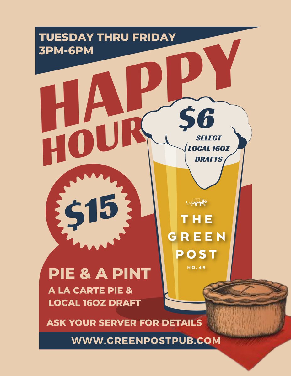 The Green Post Happy Hour kicks off today at 3pm! Plan accordingly! 

#greenpostpub #happyhour #lincolnsquare #drinkspecials #drinkspecial #chicagobars #chicagobarscene #chicagorestaurants #happyhourchicago #tuesday #tuesdaymotivation #tuesdayvibes #dinnerideas #dinner #dateideas