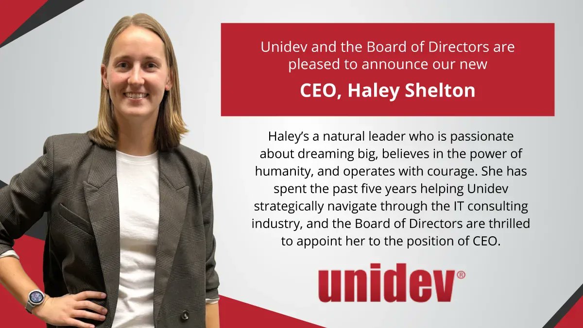 Unidev's tweet photo. Exciting news from Unidev!
The company is transitioning to a new leadership group, including the appointment of Haley Shelton as President &amp; CEO, making it a majority female-owned &amp; operated organization. Congrats to the new team! https://t.co/rOppGPB1gr #TechNews #NewCEO https://t.co/6B7GI7HDbB