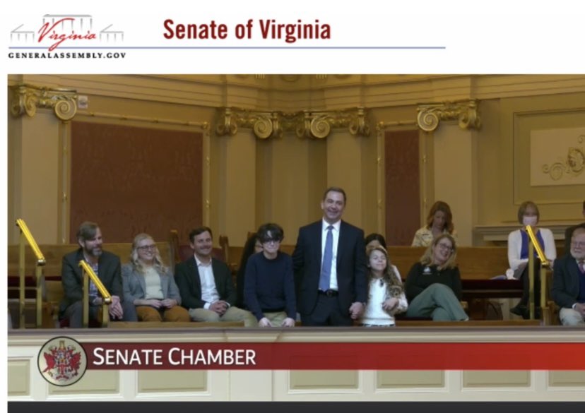 JennMcClellanVA's tweet photo. Since school is out today, @davemillsva brought the kids to see me at work on the @VASenate floor. Thanks to my seatmate @JenniferBoysko for introducing them! https://t.co/aFb38u7kRr