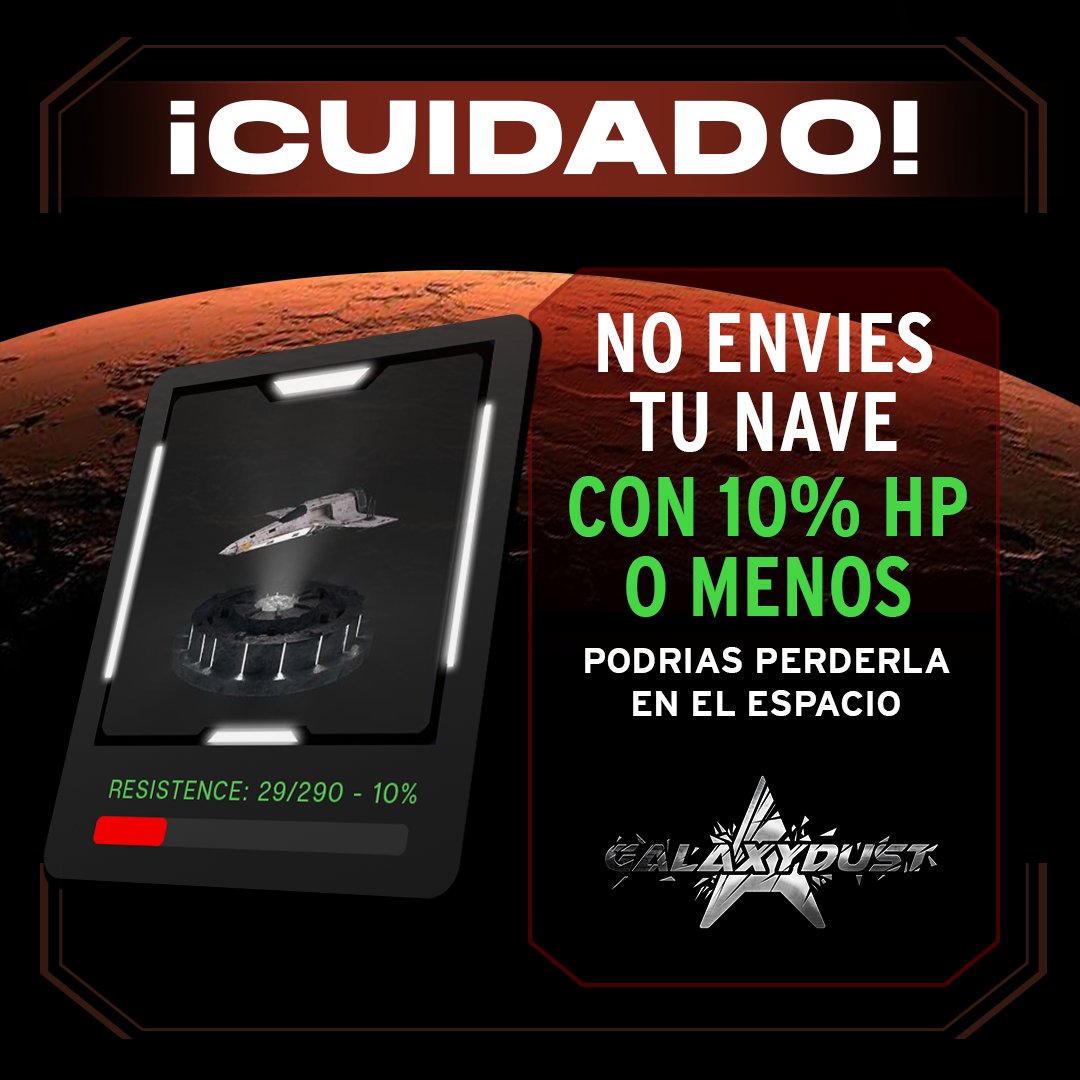 Sasorilabs's tweet photo. Recuerden no enviar sus naves a explorar, si tienen 10% de hp o menos, por que hay una posibilidad que se destruya. #nft #nftgames #finance #workfromhome #p2e #playtoearn #nftprofits #nftprojects #cryptofinance #cryptocurrency #DAO https://t.co/z4Sf7n9adO